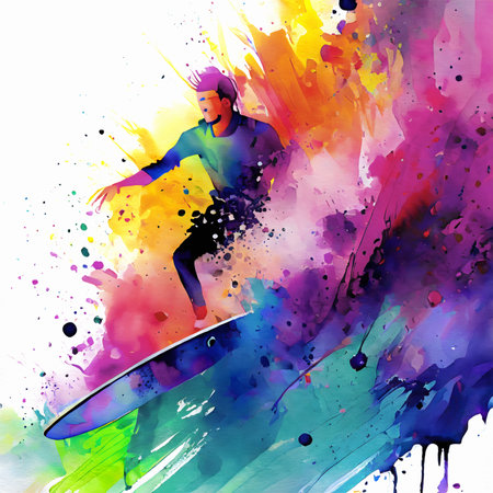 Surfing theme showing a surfer in multicolored vibrant splashy ambiance. AI generated image with lots of paint splashes, splatters and spotsの素材