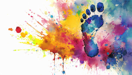 Symbolic theme showing a footprint in multicolored vibrant splashy ambiance. AI generated image with lots of paint splashes, splatters and spotsの素材