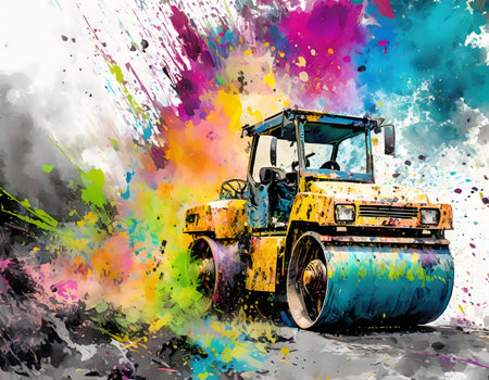 Construction theme showing a road roller in multicolored vibrant splashy ambiance. AI generated image with lots of paint splashes, splatters and spotsの素材