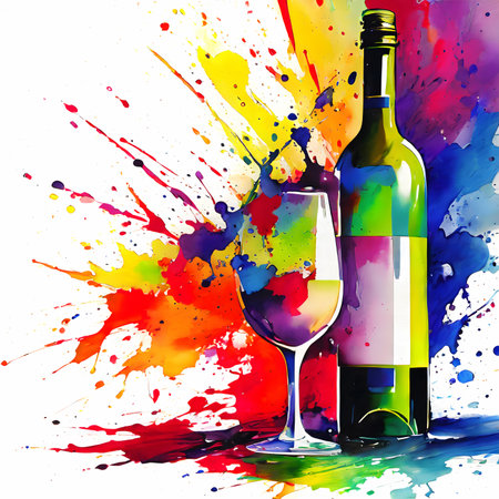 Consumption theme showing a wine glass and bottle in multicolored vibrant splashy ambiance. AI generated image with lots of paint splashes, splatters and spotsの素材