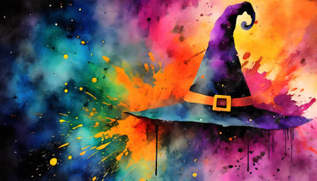 Magic and mystery theme showing a witch hat in multicolored vibrant splashy ambiance. AI generated image with lots of paint splashes, splatters and spotsの素材