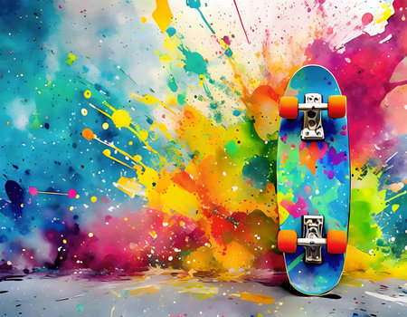 Skateboarding theme showing a skateboard in multicolored vibrant splashy ambiance. AI generated image with lots of paint splashes, splatters and spotsの素材