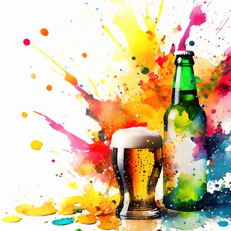 Consumption theme showing a beer glass and bottle in multicolored vibrant splashy ambiance. AI generated image with lots of paint splashes, splatters and spotsの素材