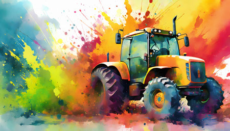 Agricultural theme showing a tractor in multicolored vibrant splashy ambiance. AI generated image with lots of paint splashes, splatters and spotsの素材
