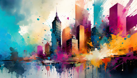 Urban theme showing a city skyline in multicolored vibrant splashy ambiance. AI generated image with lots of paint splashes, splatters and spotsの素材
