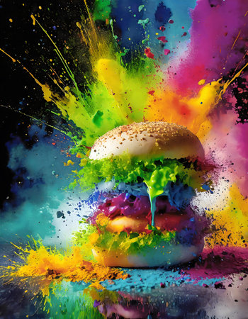 Food and consumption theme showing a fast food burger in multicolored vibrant splashy ambiance. AI generated image with lots of paint splashes, splatters and spotsの素材