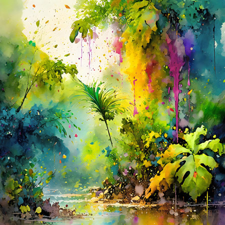 Natural conservation and tropical theme showing a dense jungle vegetation in multicolored vibrant splashy ambiance. AI generated image with lots of paint splashes, splatters and spotsの素材
