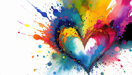Love theme theme showing a heart symbol in multicolored vibrant splashy ambiance. AI generated image with lots of paint splashes, splatters and spotsの素材
