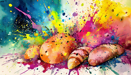 Food and bakery theme showing breads and rolls in multicolored vibrant splashy ambiance. AI generated image with lots of paint splashes, splatters and spotsの素材