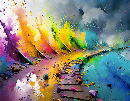 Path of life theme showing a waterside way in multicolored vibrant splashy ambiance. AI generated image with lots of paint splashes, splatters and spotsの素材