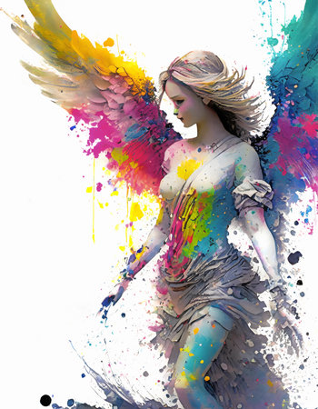 Religious and supernatural theme showing an angel in multicolored vibrant splashy ambiance. AI generated image with lots of paint splashes, splatters and spotsの素材