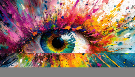 Sensory and visual theme showing a human eye in multicolored vibrant splashy ambiance. AI generated image with lots of paint splashes, splatters and spotsの素材