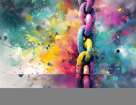 Strength theme showing chain links in multicolored vibrant splashy ambiance. AI generated image with lots of paint splashes, splatters and spotsの素材