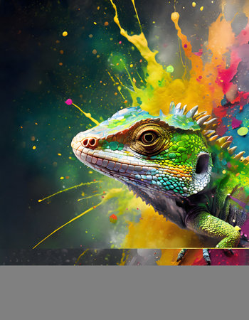 Animal and wildlife theme showing the portrait of a lizard in multicolored vibrant splashy ambiance. AI generated image with lots of paint splashes, splatters and spotsの素材