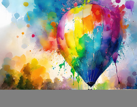 Aviation and flying theme showing a hot air balloon in multicolored vibrant splashy ambiance. AI generated image with lots of paint splashes, splatters and spotsの素材
