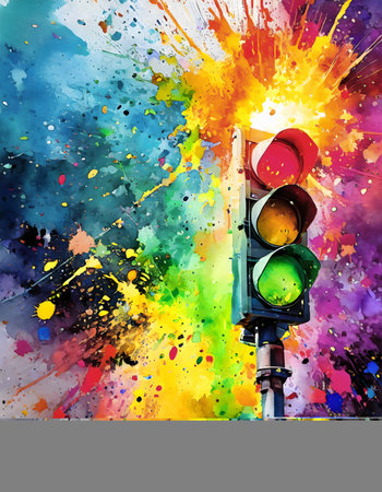 Traffic and signaling theme showing a traffic light in multicolored vibrant splashy ambiance. AI generated image with lots of paint splashes, splatters and spotsの素材