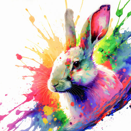 Pet and animal theme showing a rabbit in multicolored vibrant splashy ambiance. AI generated image with lots of paint splashes, splatters and spotsの素材