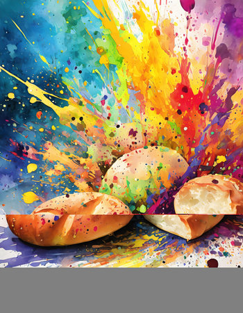 Food and bakery theme showing breads and rolls in multicolored vibrant splashy ambiance. AI generated image with lots of paint splashes, splatters and spotsの素材