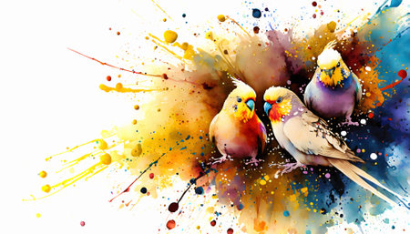 Animal, pet and wildlife theme showing some parakeets in multicolored vibrant splashy ambiance. AI generated image with lots of paint splashes, splatters and spotsの素材