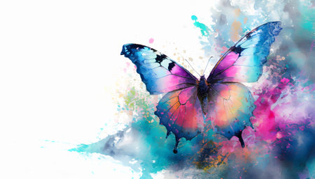 Beauty and animal theme showing a butterfly in multicolored vibrant splashy ambiance. AI generated image with lots of paint splashes, splatters and spotsの素材