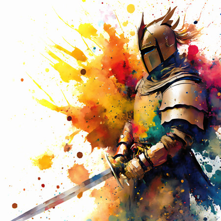 Medieval theme showing a fighting armed knight in multicolored vibrant splashy ambiance. AI generated image with lots of paint splashes, splatters and spotsの素材