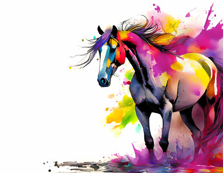 Animal and riding theme showing a horse in multicolored vibrant splashy ambiance. AI generated image with lots of paint splashes, splatters and spotsの素材
