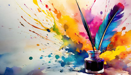 Writing theme showing an inkwell with quills in multicolored vibrant splashy ambiance. AI generated image with lots of paint splashes, splatters and spotsの素材