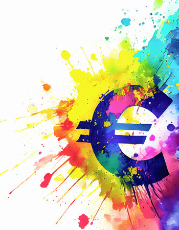 Financial theme showing a euro symbol in multicolored vibrant splashy ambiance. AI generated image with lots of paint splashes, splatters and spotsの素材