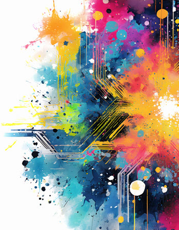Electronics theme showing an abstract circuit board in multicolored vibrant splashy ambiance. AI generated image with lots of paint splashes, splatters and spotsの素材