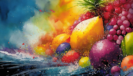 Food theme showing various fruits in multicolored vibrant splashy ambiance. AI generated image with lots of paint splashes, splatters and spotsの素材