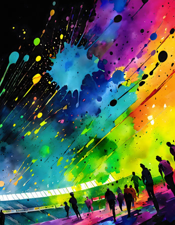 Event theme showing a stadium with lots of spectators in multicolored vibrant splashy ambiance. AI generated image with lots of paint splashes, splatters and spotsの素材