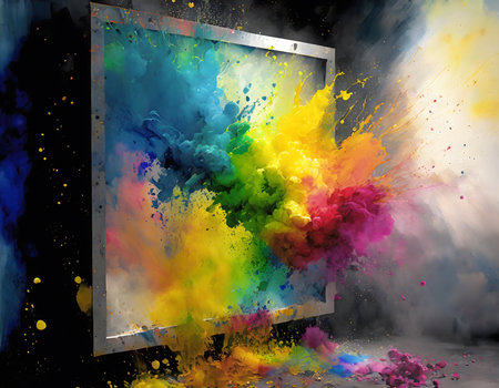 Multimedia theme showing a computer monitor in multicolored vibrant splashy ambiance. AI generated image with lots of paint splashes, splatters and spotsの素材