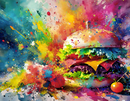 Food and consumption theme showing a fast food burger in multicolored vibrant splashy ambiance. AI generated image with lots of paint splashes, splatters and spotsの素材