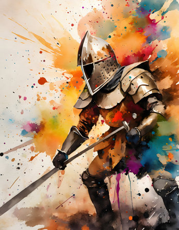 Medieval theme showing a fighting armed knight in multicolored vibrant splashy ambiance. AI generated image with lots of paint splashes, splatters and spotsの素材