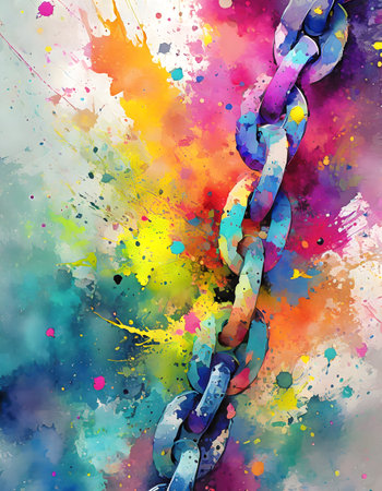 Strength theme showing chain links in multicolored vibrant splashy ambiance. AI generated image with lots of paint splashes, splatters and spotsの素材
