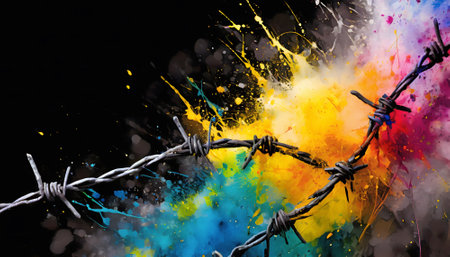 Fencing, warfare and arresting theme showing a barbed wire closeup in multicolored vibrant splashy ambiance. AI generated image with lots of paint splashes, splatters and spotsの素材
