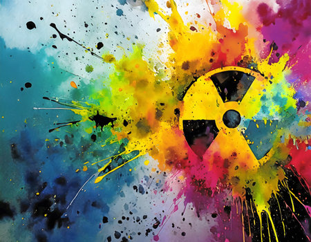 Health risk theme showing an ionizing radiation symbol in multicolored vibrant splashy ambiance. AI generated image with lots of paint splashes, splatters and spotsの素材