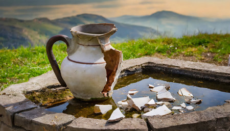 Broken jug at a well, based on the proverb "The jug goes to the well until it breaks" regarding bad habitsの素材