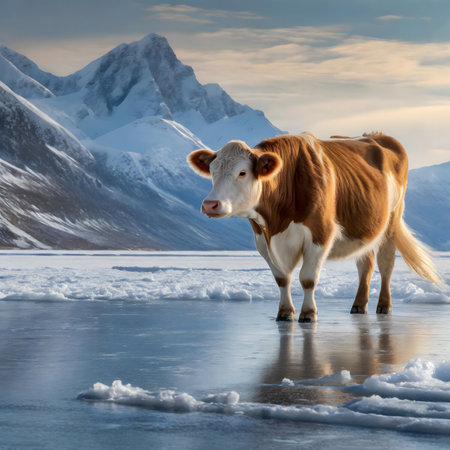 Outdoor scenery showing a cow on ice, based on the proverb "Get the cow off the ice" which means solving a tricky situation.の素材