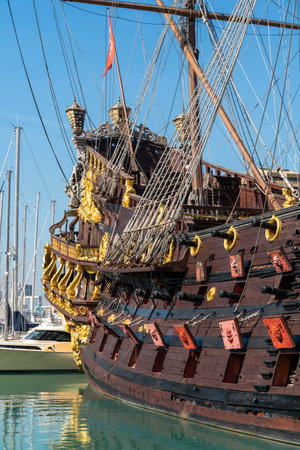 Detail of a historic sailing ship seen in Genoa, the capital of the Italian region of Liguriaの写真素材