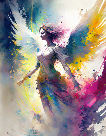 Religious and supernatural theme showing an angel in multicolored vibrant splashy ambiance. AI generated image with lots of paint splashes, splatters and spotsの素材