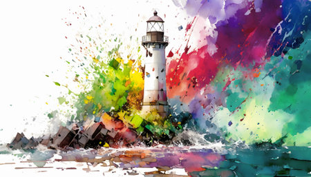 Navigational aid theme showing lighthouse in multicolored vibrant splashy ambiance. AI generated image with lots of paint splashes, splatters and spotsの素材