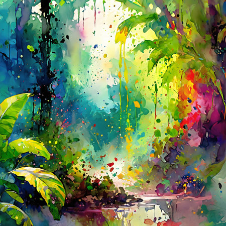 Natural conservation and tropical theme showing a dense jungle vegetation in multicolored vibrant splashy ambiance. AI generated image with lots of paint splashes, splatters and spotsの素材