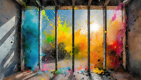Abstract theme showing a barred window in multicolored vibrant splashy ambiance. AI generated image with lots of paint splashes, splatters and spotsの素材