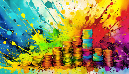 Financial theme showing lots of stacked coins in multicolored vibrant splashy ambiance. AI generated image with lots of paint splashes, splatters and spotsの素材