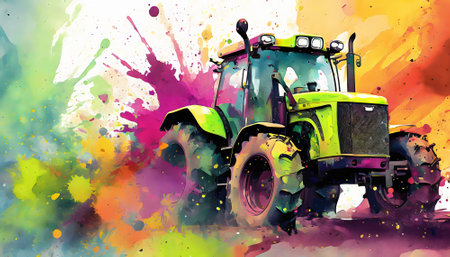 Agricultural theme showing a tractor in multicolored vibrant splashy ambiance. AI generated image with lots of paint splashes, splatters and spotsの素材