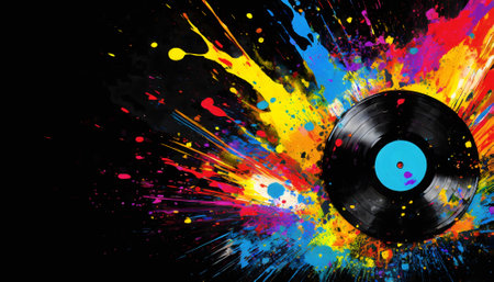 Music theme showing a black vinyl record in multicolored vibrant splashy ambiance. AI generated image with lots of paint splashes, splatters and spotsの素材