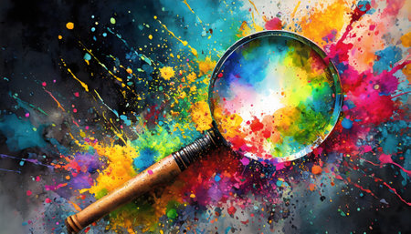 Magnification, zoom and search theme showing a magnifying glass in multicolored vibrant splashy ambiance. AI generated image with lots of paint splashes, splatters and spotsの素材