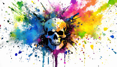 Mortal theme showing a human skull in multicolored vibrant splashy ambiance. AI generated image with lots of paint splashes, splatters and spotsの素材