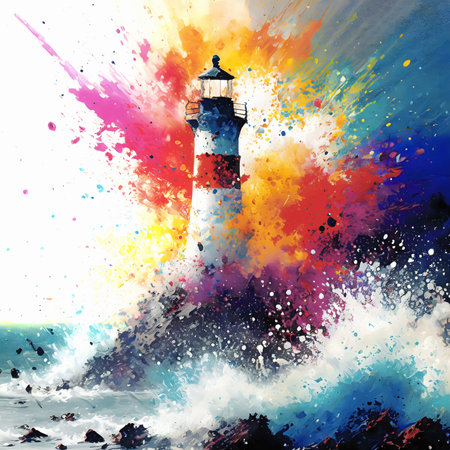 Navigational aid theme showing lighthouse in multicolored vibrant splashy ambiance. AI generated image with lots of paint splashes, splatters and spotsの素材